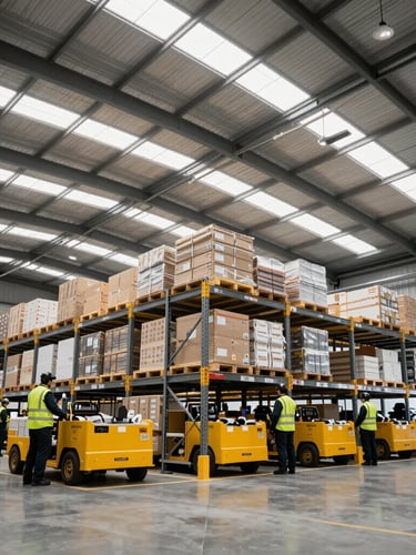 Low-angle heroic shot of a modern clean warehouse interior with organized high-vis logistics personnel, sharp industrial photography, crisp daylight, mustard yellow accents