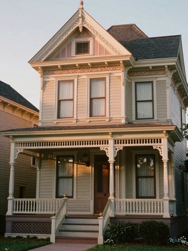 Warm heritage photography of the exterior of a grand 1890s Victorian home, exquisite carved wood trim, soft natural Texas evening light, shallow depth of field.