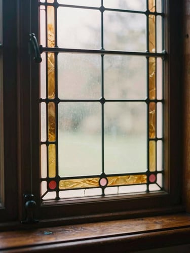 Macro shot of original stained glass window inside a Victorian parlor, warm sunlight filtering through amber and rose panes, casting colored light on polished dark wood.