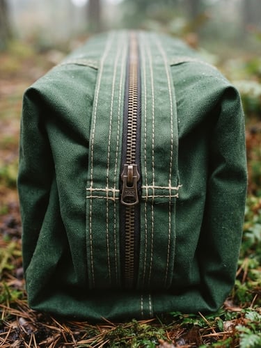 Close-up of a clean, folded forest green tent canvas with focus on double-stitched seams and heavy-duty zippers, soft morning mist lighting, 35mm film style