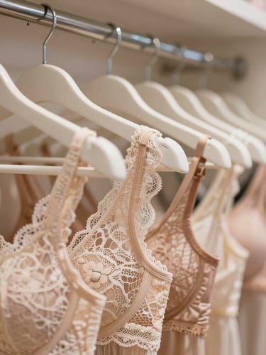 Close-up of premium lace fabrics and structured lingerie hangers in a brightly lit, clean retail showroom, focused on tactile textile details.