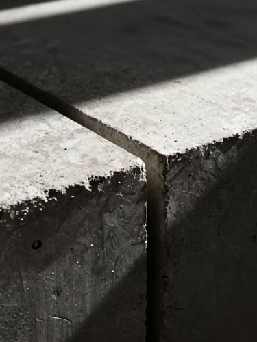 Macro detail of a hand-carved walnut joint meeting raw textured concrete, sharp directional sunlight casting deep architectural shadows, high contrast