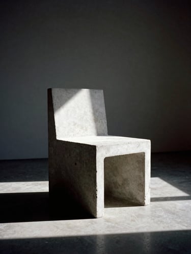 Dramatic architectural portrait of a monolithic raw concrete chair in a stark gallery setting, deep chiaroscuro shadows, sharp directional sunlight, 35mm film