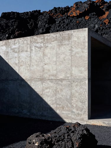 Dramatic architectural photography of a raw concrete wall merging into natural dark volcanic rock, sharp directional sunlight, deep chiaroscuro shadows