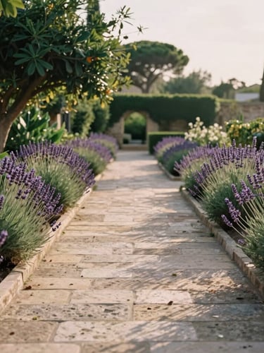 Portrait-oriented shot of a walled Mediterranean garden path, sun-bleached stone tiles, lush green foliage and blooming lavender under soft late-afternoon sun.