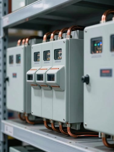 Close-up of heavy-duty industrial electrical breakers and copper wiring on organized warehouse shelves, cool daylight, sharp focus