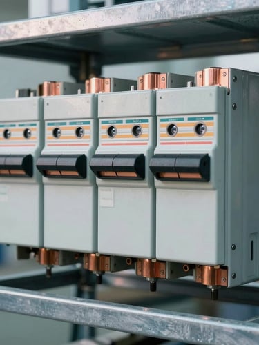 Close-up of heavy-duty industrial electrical breakers on a structured metal rack, cool daylight with warm copper accents, sharp focus, 35mm lens