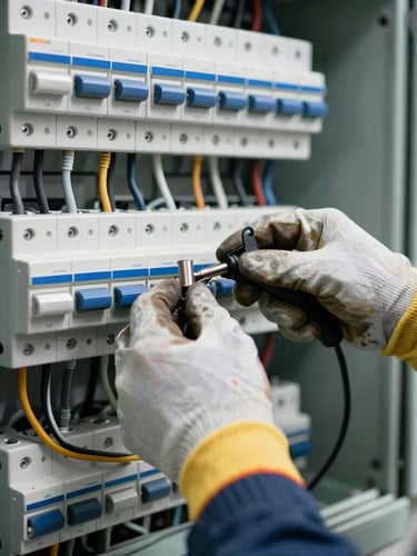 Close-up of an electrician's hands in safety gloves connecting heavy-duty wires in a modern breaker panel, cool daylight, high-contrast professional industrial photography