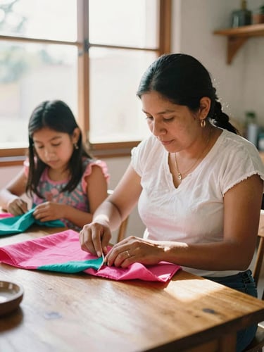 A warm portrait of a Mexican family workshop in Celaya, hands carefully cutting colorful pink and teal fabric on a clean wooden table, warm sunlight streaming through a window, 35mm
