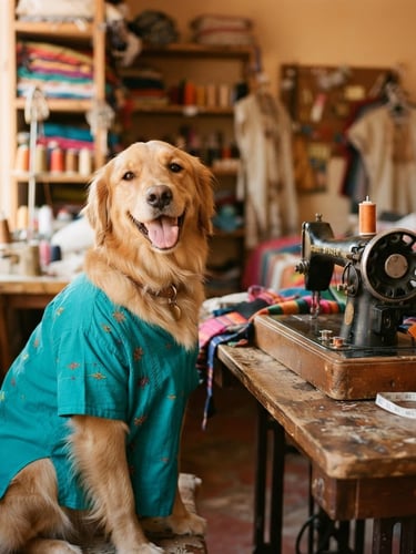 Close-up of a smiling golden retriever wearing a vibrant teal handmade shirt, sitting next to a sewing machine in a sunlit workshop in Celaya, warm daylight, 35mm