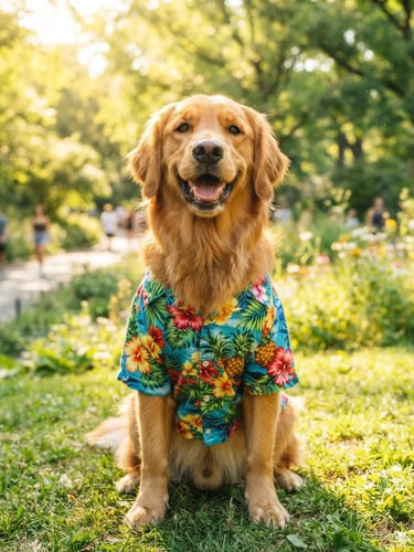 A happy golden retriever wearing a colorful tropical shirt, sitting in a sun-drenched park, looking at the camera, bright natural lifestyle photography, eye-level portrait