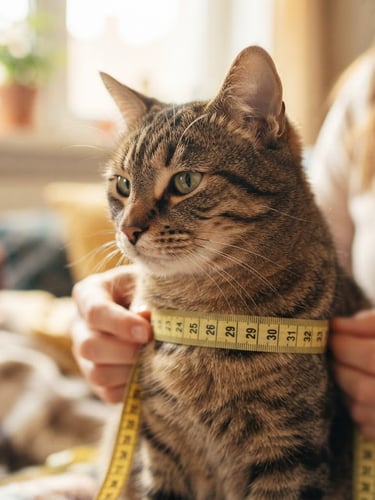 Eye-level close-up of a calm tabby cat being gently measured around its chest with a soft yellow measuring tape, warm natural sunlight, shallow depth of field, 35mm