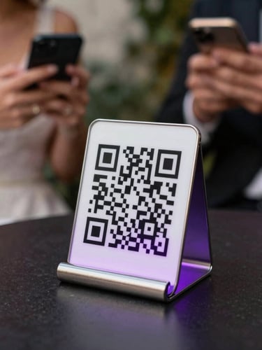 Dynamic close-up of a sleek metal QR code stand on a dark cocktail table, neon purple backlighting, wedding guests holding smartphones blurred in the background.