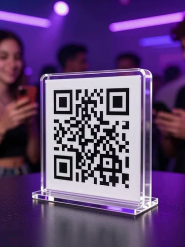 Dynamic close-up of a sleek acrylic QR code stand on a high-top table at a crowded nightclub, neon violet backlights, dramatic camera flash, guests smiling in the blurred background holding phones.