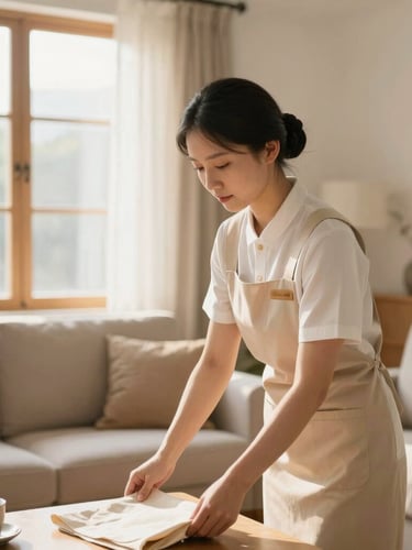 A professional housekeeper in a clean beige uniform organizing a warm, sunlit modern living room, soft natural lighting, authentic editorial style