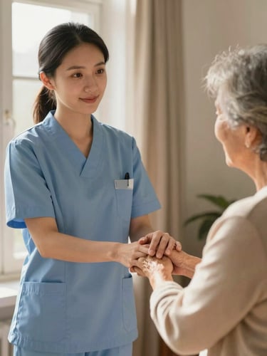 A professional female home nurse in a neat blue uniform gently holding the hand of an elderly woman by a sunlit window, warm natural light, comforting earth tones.