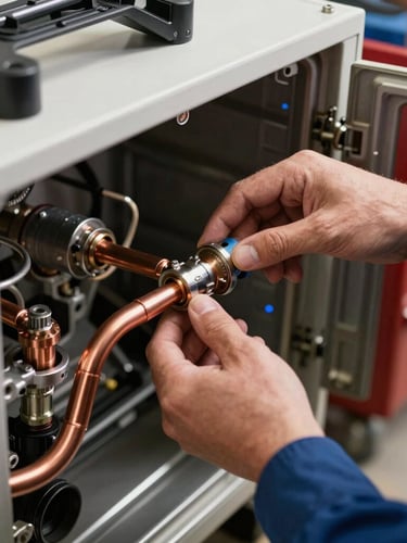 A clean, organized toolbox next to a technician's hands carefully installing a brand new copper pipe component inside an appliance