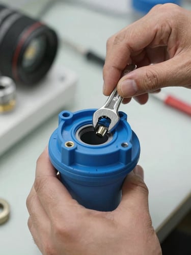 Close-up of a technician hands using a wrench to secure a blue RO water filter cartridge housing, bright clean lighting, focus on technical precision.