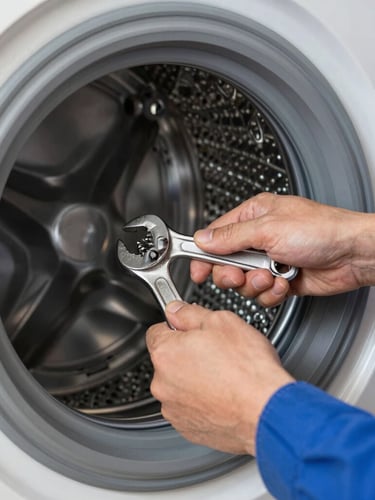 Close-up of a technician's hands in a blue uniform using a wrench to secure a washing machine drum coupling inside a home, bright natural daylight.