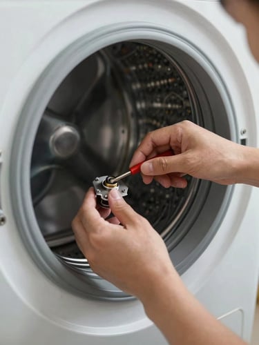 Close-up of a technician's hands using professional tools to replace a component inside a washing machine, bright natural lighting.