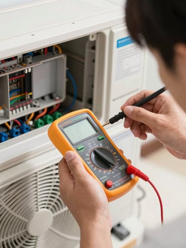 Close-up of a technician's hands using a digital multimeter to test the electrical circuit of a split air conditioner unit, bright natural daylight, clean professional setting.
