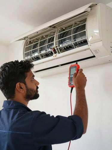 A professional Indian technician in a clean navy blue uniform inspecting a split air conditioner unit mounted on a wall, holding a diagnostic tool, bright natural daylight, close-up on hands and technical components.
