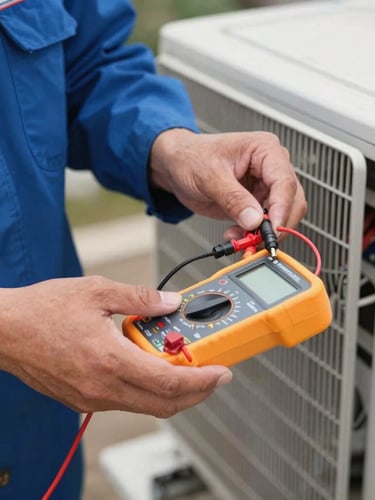 Close-up of a technician's hands in a blue uniform using a digital multimeter to test the electrical contacts of a split AC outdoor unit, bright natural daylight, crisp focus.