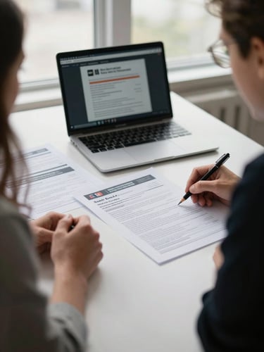 Wide shot of two people mid-conversation around a table covered with printed campaign briefs and an open laptop, natural overcast window light, close-up on the documents and screens, no faces visible