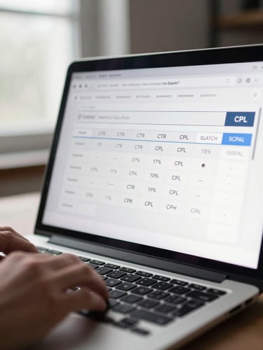 Close-up of a laptop screen showing a live paid search dashboard with CTR and CPL metrics, hands resting on the keyboard in the foreground, overcast window light from the left, shallow depth of field, high contrast