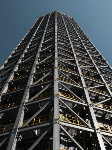 Low-angle heroic shot looking up at a massive steel-framed high-rise tower under dramatic midday sun, sharp structural shadows, technical precision.