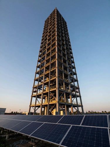 Low-angle dramatic shot of a steel high-rise frame transitioning into a vast solar field under golden hour lighting
