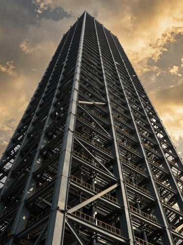 Low-angle heroic shot looking up at a towering steel skyscraper frame under a dramatic golden hour sky, deep slate and structural steel tones.