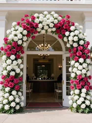 Bright high-key editorial photograph of a grand ballroom entrance with a monumental arch of vibrant magenta and crisp white flowers, 35mm lens, sharp focus