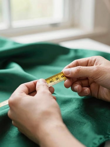 Close-up of hands measuring rich emerald green silk fabric with a vintage golden measuring tape, soft natural window light, shallow depth of field