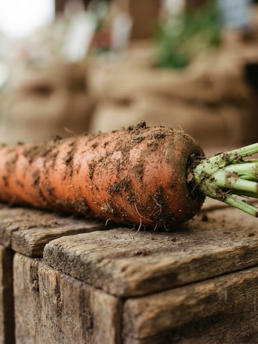 Close-up of a raw, soil-dusted organic carrot resting on a wooden crate, soft natural morning light, earthy organic tones, shallow depth of field, 35mm film