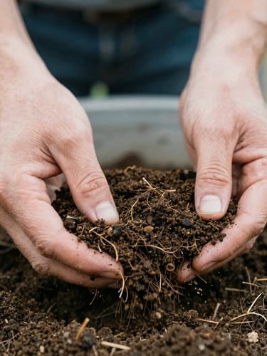 Close-up of farmer's hands gently sifting dark, rich organic soil, with visible compost and small roots, soft natural morning light, earthy organic tones, shallow depth of field, 35mm film