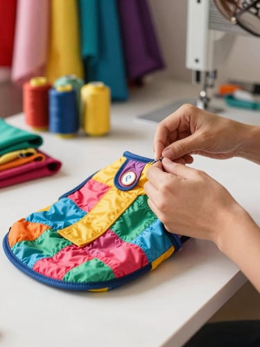 Vertical portrait of a seamstress hand-stitching a colorful pet vest in a bright, sunlit workshop in Celaya, vibrant fabrics and threads visible in the background, warm daylight