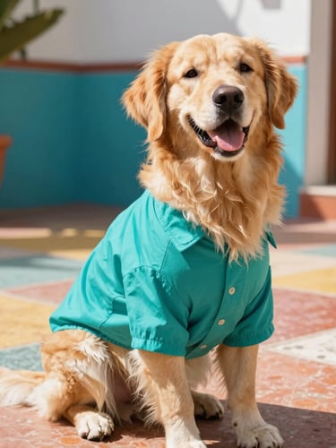 A joyful golden retriever sitting happily on a colorful Mexican patio, wearing a custom-tailored vibrant teal shirt that fits perfectly without pulling, bright natural daylight.
