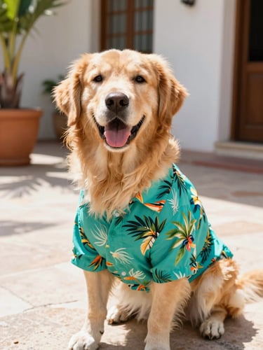 A happy golden retriever wearing a vibrant teal tropical shirt, sitting on a sunlit Mexican patio, bright natural daylight, eye-level 35mm
