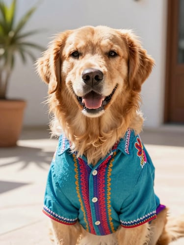 A happy fluffy golden retriever wearing a colorful custom-tailored Mexican style shirt, sitting in a bright sunlit patio, eye-level vibrant pet photography, warm natural daylight, shallow depth of field