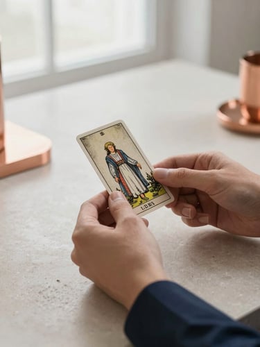 Close-up of elegant hands holding a textured tarot card over a clean stone desk, minimalist office environment, soft natural window light, copper accents.