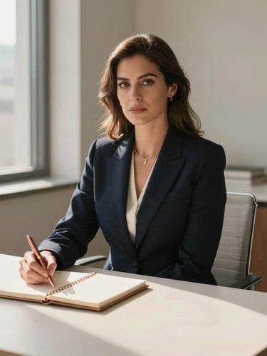 Professional environmental portrait of a female executive in a sunlit Bogotá office, minimalist desk with elegant notebook and copper pen, warm editorial style, soft natural lighting.