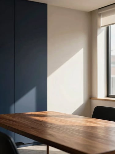 Elegant interior of a minimalist consulting studio in Bogota, warm natural window light casting soft shadows on a wooden table, refined corporate aesthetic, 35mm