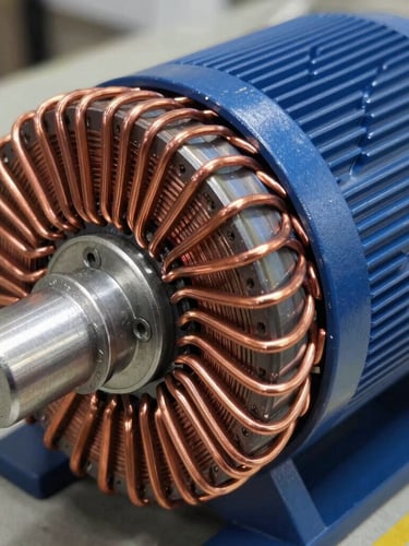 Close-up of copper wire winding on an electric motor stator, bright workshop lighting, metallic tones, sharp details, 35mm lens
