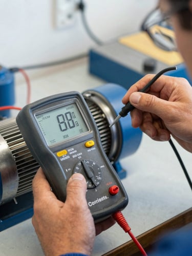 Close-up of a technician measuring motor winding insulation with a digital megohmmeter in a Corrientes workshop, bright natural workshop light, sharp details, 35mm lens
