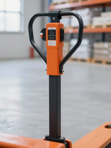 Close-up of industrial orange safety control handle of an electric pallet jack, bright warehouse background
