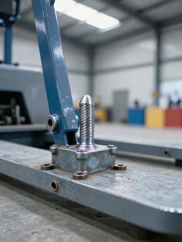 Close-up of a heavy-duty steel weld on an industrial pallet jack, bright warehouse skylight lighting, sharp focus, 35mm lens