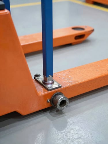 Close-up of heavy-duty steel weld on a massive orange industrial pallet jack, bright natural warehouse lighting, sharp focus