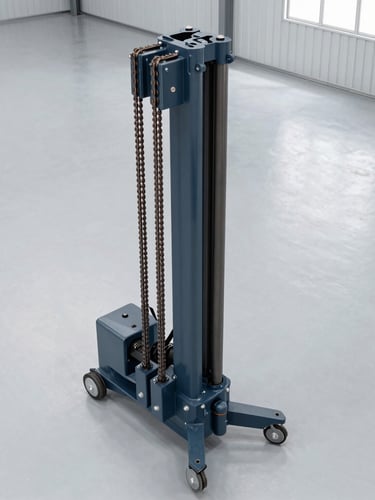 High-angle portrait shot of a heavy industrial electric stacker mast, showing the thick steel chains and hydraulic pistons, clean industrial warehouse background, sharp focus, 35mm lens