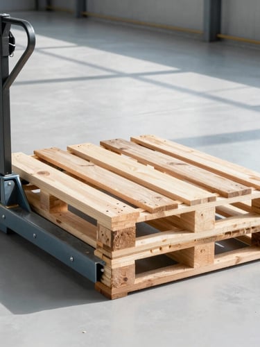 Industrial pallet jack lifting a heavy wooden pallet in a sunlit, clean warehouse, high-contrast lighting, steel weld details, no branding